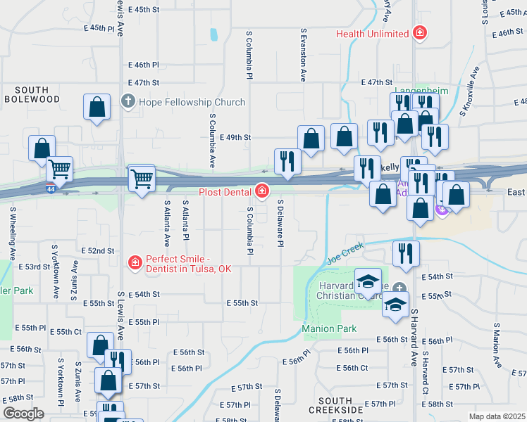 map of restaurants, bars, coffee shops, grocery stores, and more near 5130 South Delaware Avenue in Tulsa