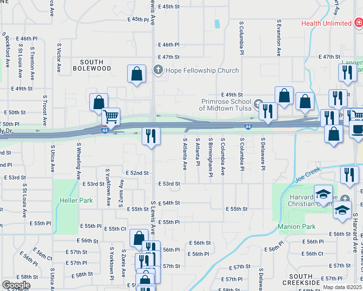 map of restaurants, bars, coffee shops, grocery stores, and more near 5137 South Atlanta Avenue in Tulsa