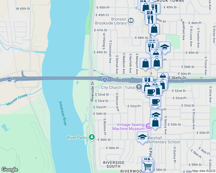 map of restaurants, bars, coffee shops, grocery stores, and more near 60 East 51st Place in Tulsa