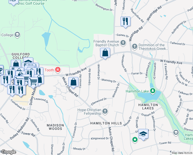 map of restaurants, bars, coffee shops, grocery stores, and more near 719 Westland Drive in Greensboro