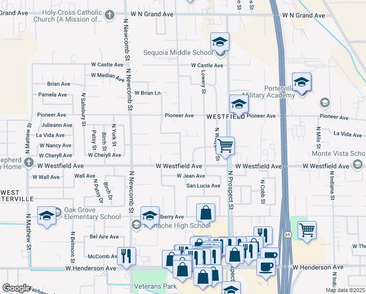 map of restaurants, bars, coffee shops, grocery stores, and more near 1272 North Beverly Street in Porterville