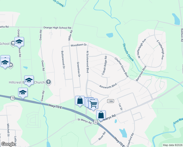 map of restaurants, bars, coffee shops, grocery stores, and more near 1419 Starmont Drive in Hillsborough