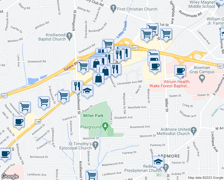 map of restaurants, bars, coffee shops, grocery stores, and more near 218 Oakwood Court in Winston-Salem