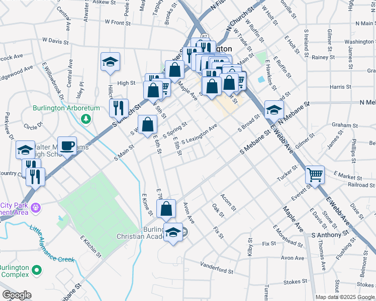 map of restaurants, bars, coffee shops, grocery stores, and more near 725 South Broad Street in Burlington