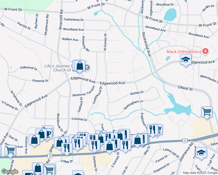 map of restaurants, bars, coffee shops, grocery stores, and more near 531 North Gurney Street in Burlington