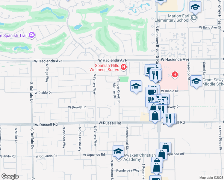 map of restaurants, bars, coffee shops, grocery stores, and more near 7229 Falling Timber Court in Las Vegas