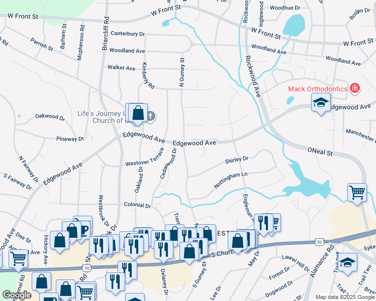 map of restaurants, bars, coffee shops, grocery stores, and more near 531 North Gurney Street in Burlington