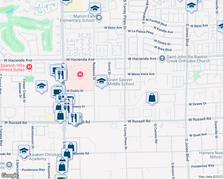 map of restaurants, bars, coffee shops, grocery stores, and more near 6588 West Diablo Drive in Las Vegas