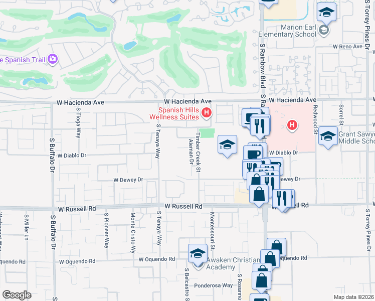 map of restaurants, bars, coffee shops, grocery stores, and more near 7229 Falling Timber Court in Las Vegas
