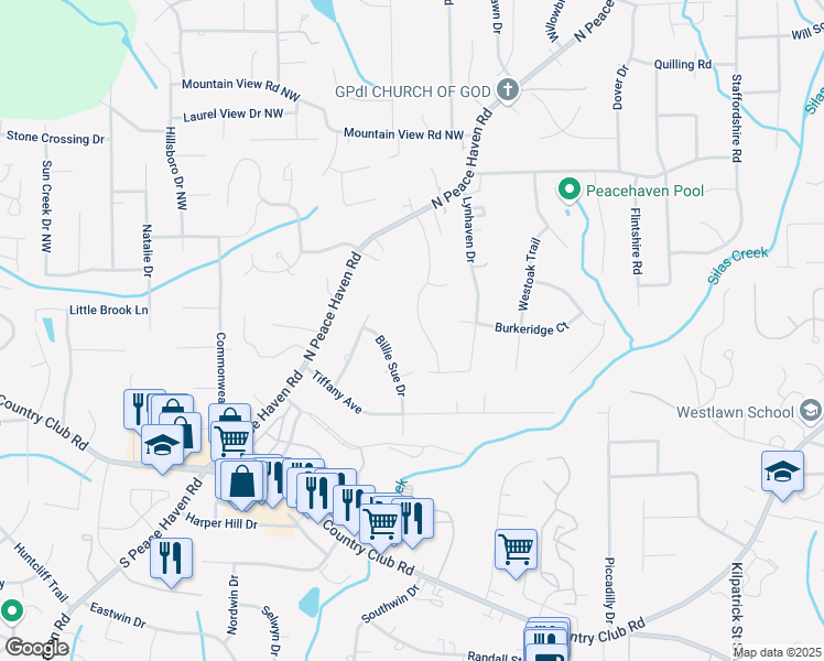 map of restaurants, bars, coffee shops, grocery stores, and more near 331 Pineridge Drive in Winston-Salem