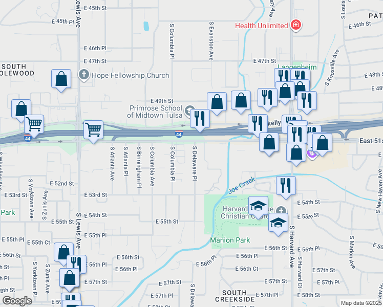 map of restaurants, bars, coffee shops, grocery stores, and more near 5110 South Delaware Place in Tulsa
