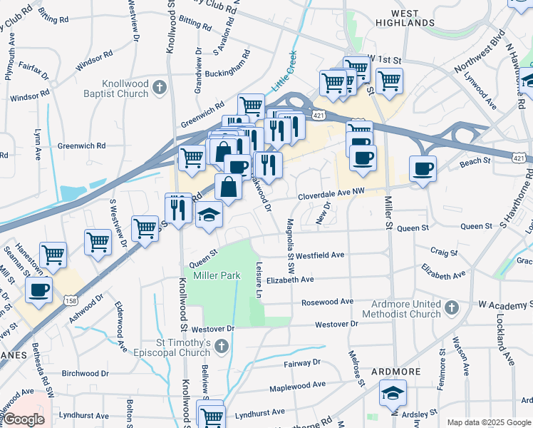 map of restaurants, bars, coffee shops, grocery stores, and more near 227 Oakwood Court in Winston-Salem