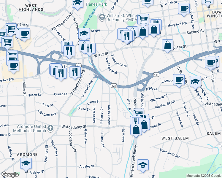 map of restaurants, bars, coffee shops, grocery stores, and more near 235 Corona Street Southwest in Winston-Salem