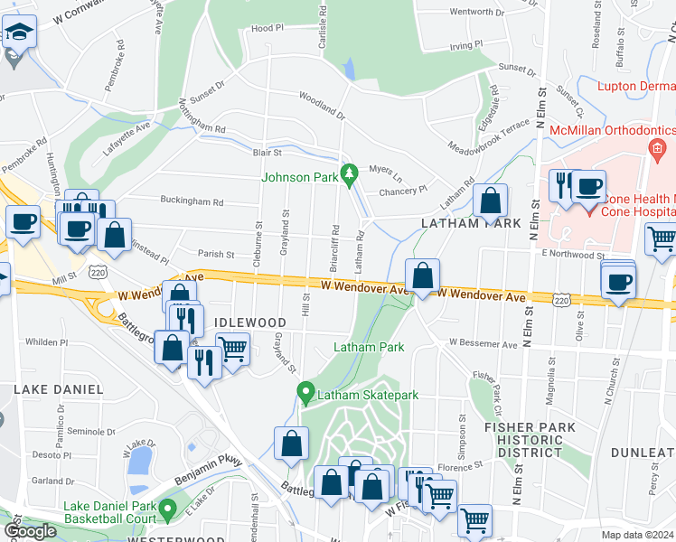 map of restaurants, bars, coffee shops, grocery stores, and more near 1104 Briarcliff Road in Greensboro