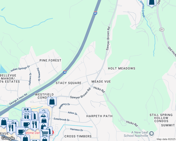 map of restaurants, bars, coffee shops, grocery stores, and more near 221 New Sawyer Brown Road in Nashville