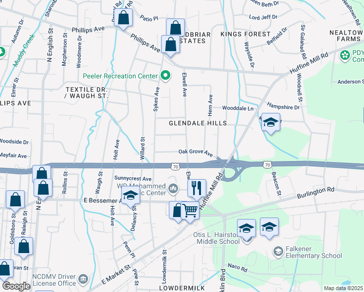 map of restaurants, bars, coffee shops, grocery stores, and more near 905 Elwell Avenue in Greensboro