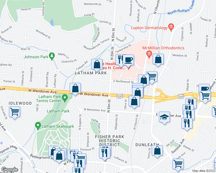 map of restaurants, bars, coffee shops, grocery stores, and more near in Greensboro