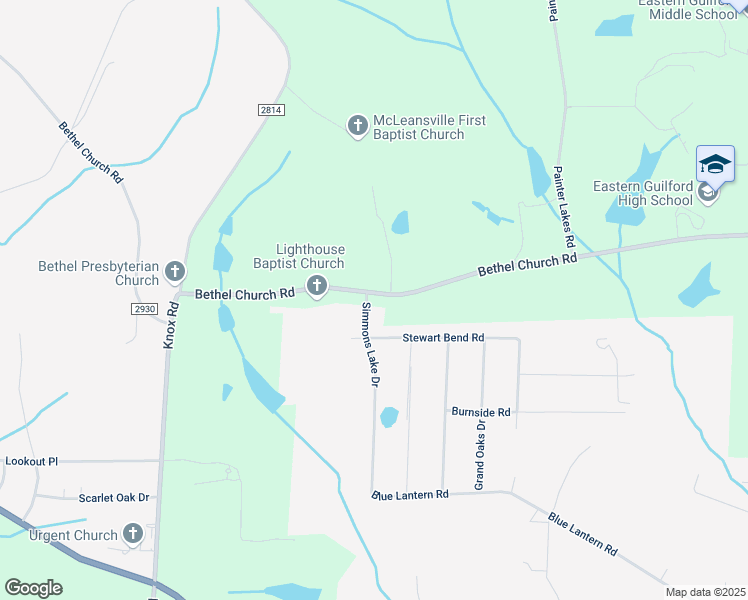 map of restaurants, bars, coffee shops, grocery stores, and more near 6000 Bethel Church Road in Gibsonville