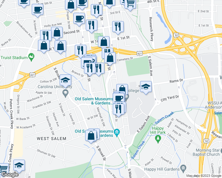 map of restaurants, bars, coffee shops, grocery stores, and more near 498 Salt Street in Winston-Salem