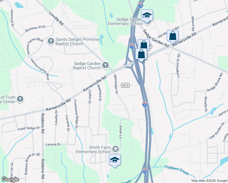 map of restaurants, bars, coffee shops, grocery stores, and more near 4900 Garden View Drive in Winston-Salem