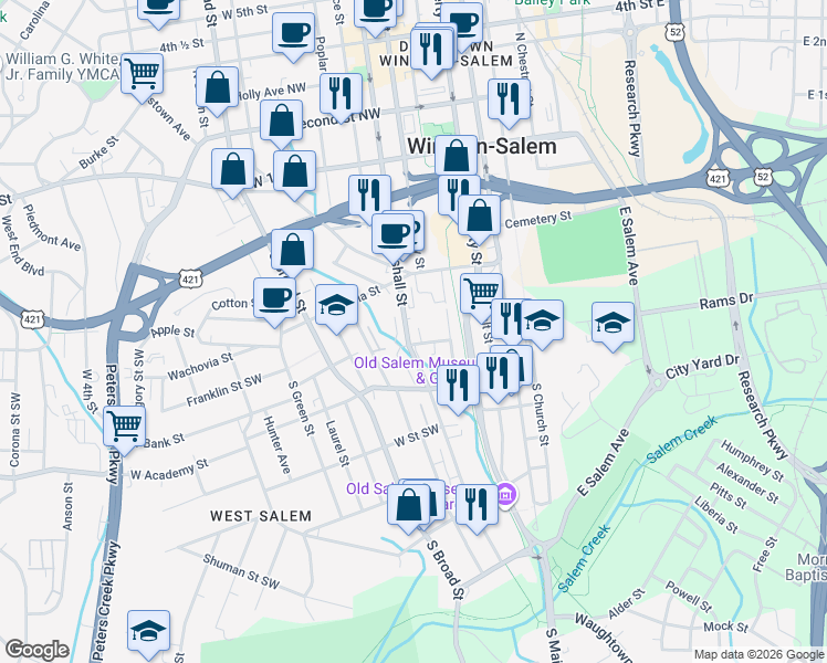 map of restaurants, bars, coffee shops, grocery stores, and more near 301 Settlers Run Drive in Winston-Salem