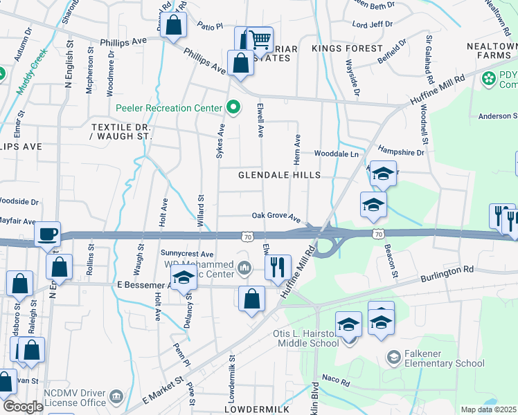 map of restaurants, bars, coffee shops, grocery stores, and more near 905 Elwell Avenue in Greensboro