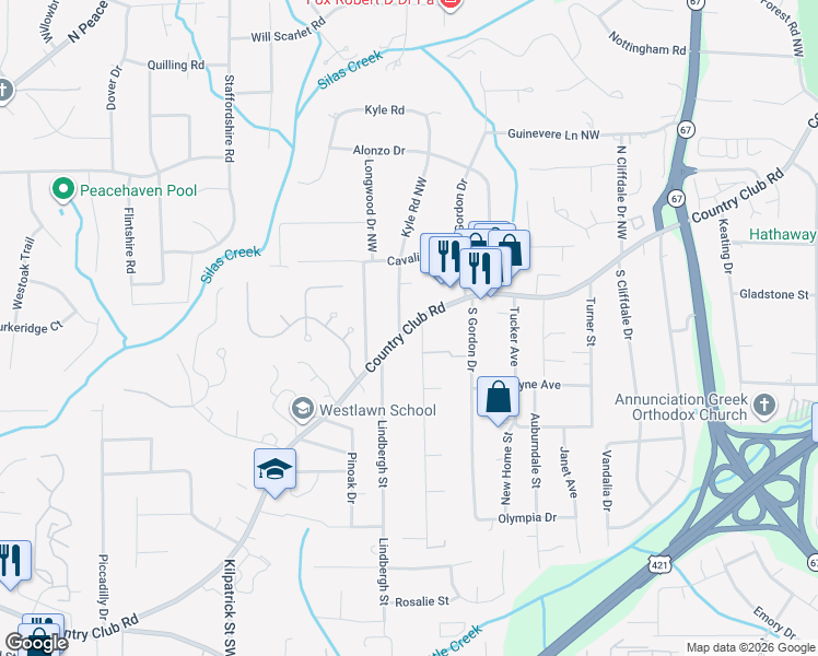 map of restaurants, bars, coffee shops, grocery stores, and more near 4112 Country Club Road in Winston-Salem