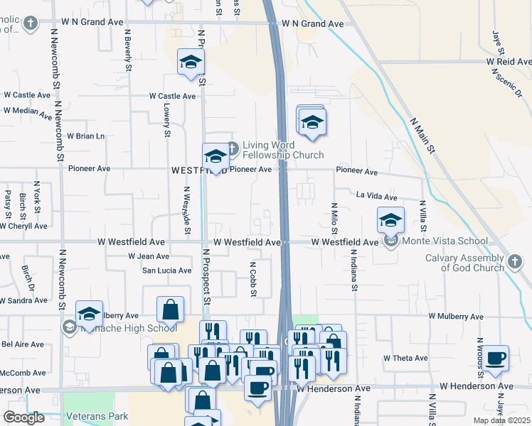 map of restaurants, bars, coffee shops, grocery stores, and more near 1014 West Westfield Avenue in Porterville