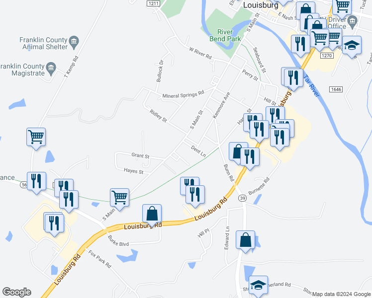 map of restaurants, bars, coffee shops, grocery stores, and more near 109 Ruffin Driveway in Louisburg