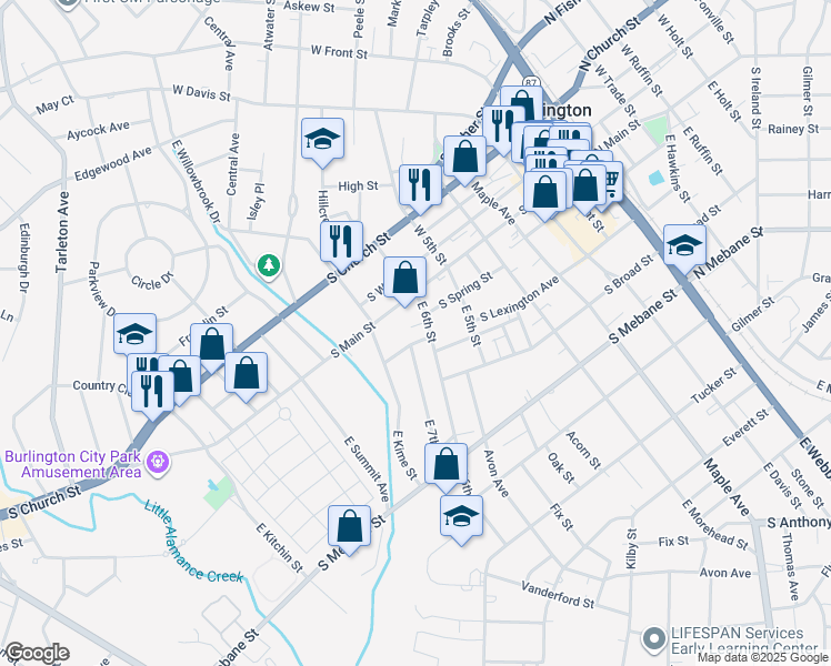 map of restaurants, bars, coffee shops, grocery stores, and more near 927 South Lexington Avenue in Burlington