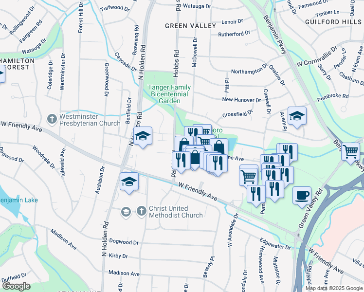 map of restaurants, bars, coffee shops, grocery stores, and more near 3200 Hobbs Landing Court in Greensboro