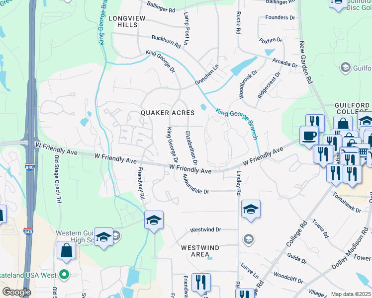 map of restaurants, bars, coffee shops, grocery stores, and more near 805 Elizabethan Drive in Greensboro