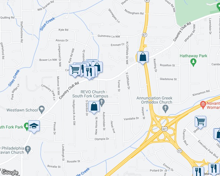map of restaurants, bars, coffee shops, grocery stores, and more near 3820 Country Club Road in Winston-Salem