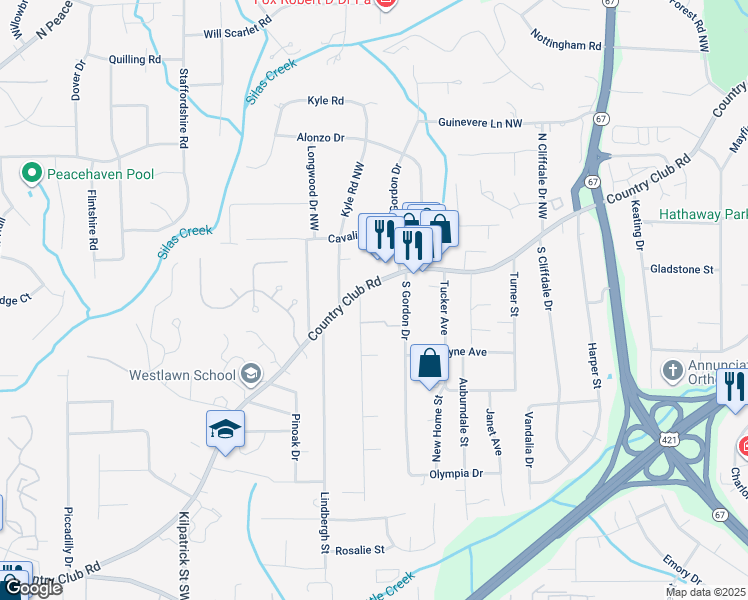 map of restaurants, bars, coffee shops, grocery stores, and more near 111 Hedgecock Avenue Southwest in Winston-Salem