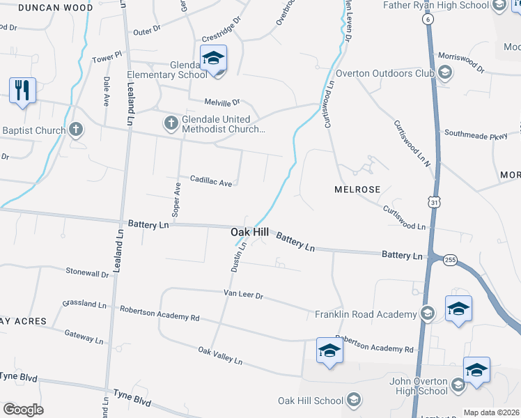 map of restaurants, bars, coffee shops, grocery stores, and more near in Oak Hill