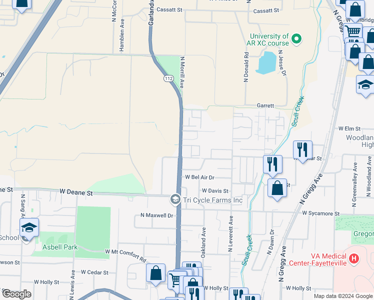 map of restaurants, bars, coffee shops, grocery stores, and more near 1900 Garland Avenue in Fayetteville