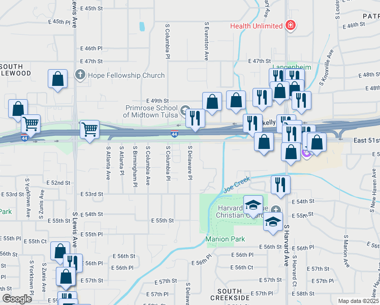 map of restaurants, bars, coffee shops, grocery stores, and more near 5130 South Delaware Avenue in Tulsa