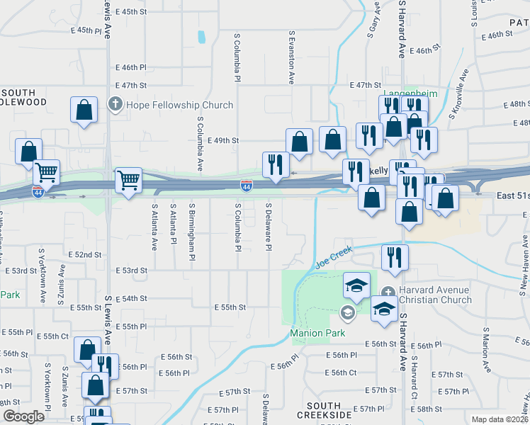 map of restaurants, bars, coffee shops, grocery stores, and more near 5130 South Delaware Avenue in Tulsa