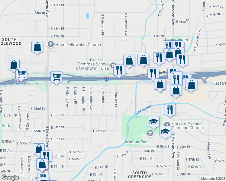 map of restaurants, bars, coffee shops, grocery stores, and more near 5130 South Delaware Avenue in Tulsa