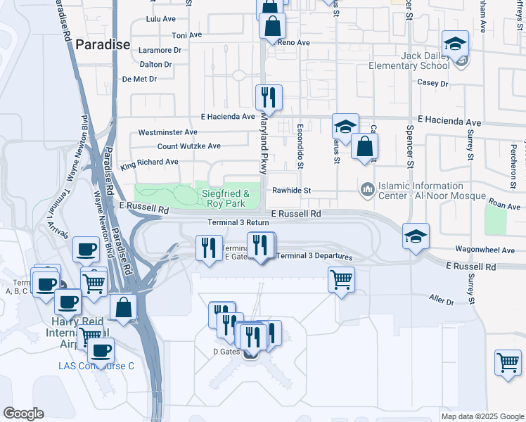 map of restaurants, bars, coffee shops, grocery stores, and more near 10245 Maryland Parkway in Las Vegas