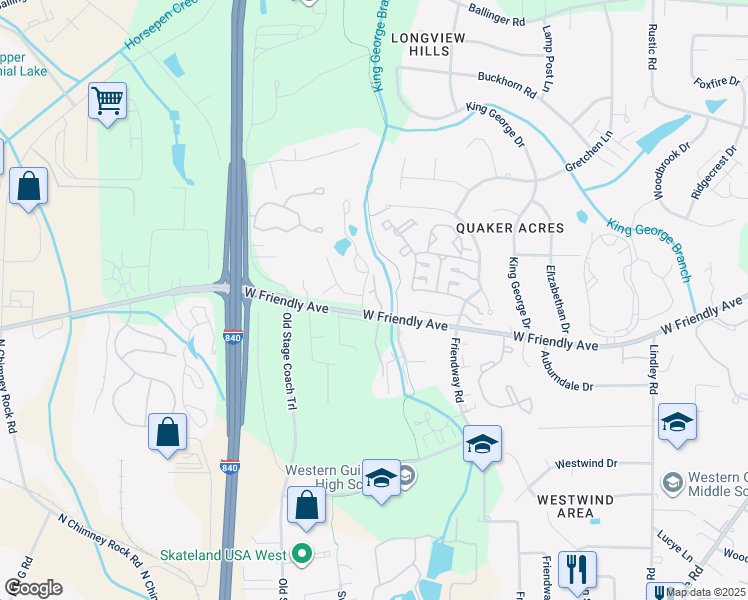 map of restaurants, bars, coffee shops, grocery stores, and more near 6706 West Friendly Avenue in Greensboro