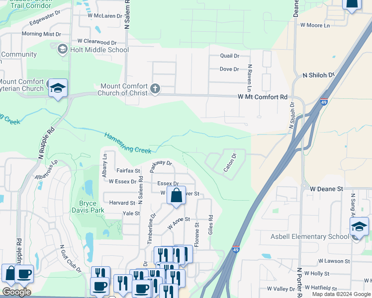 map of restaurants, bars, coffee shops, grocery stores, and more near 3062 West Marigold Drive in Fayetteville