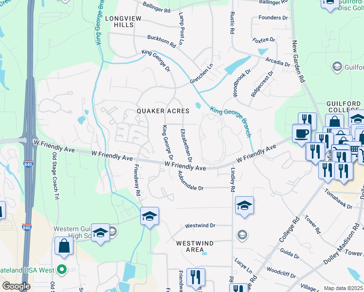 map of restaurants, bars, coffee shops, grocery stores, and more near 805 Elizabethan Drive in Greensboro