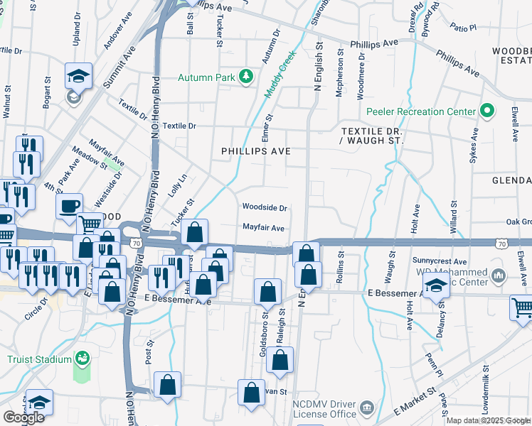 map of restaurants, bars, coffee shops, grocery stores, and more near 1916 Woodside Drive in Greensboro
