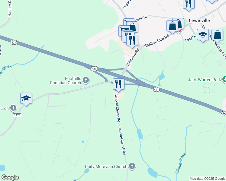 map of restaurants, bars, coffee shops, grocery stores, and more near 7961 Concord Church Road in Lewisville