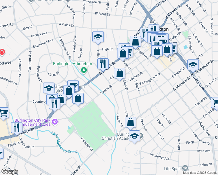 map of restaurants, bars, coffee shops, grocery stores, and more near South Main Street in Burlington