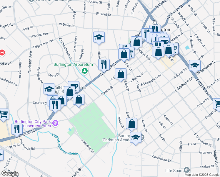 map of restaurants, bars, coffee shops, grocery stores, and more near South Main Street in Burlington