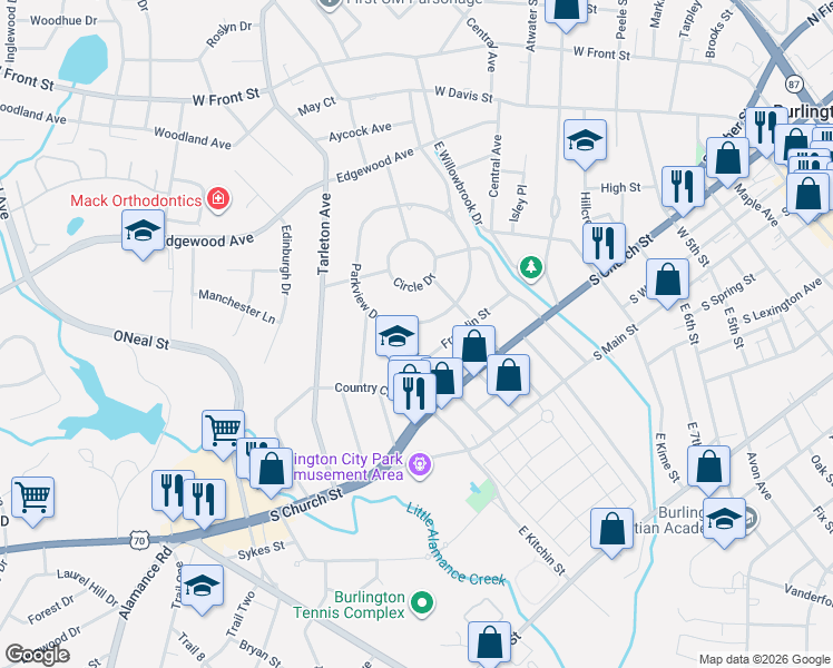 map of restaurants, bars, coffee shops, grocery stores, and more near 1227 Franklin Street in Burlington