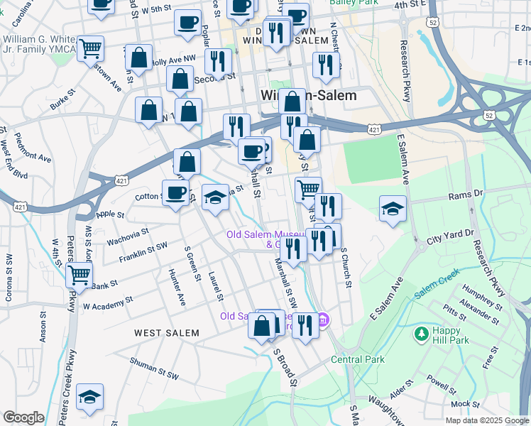 map of restaurants, bars, coffee shops, grocery stores, and more near 440 Front Street in Winston-Salem