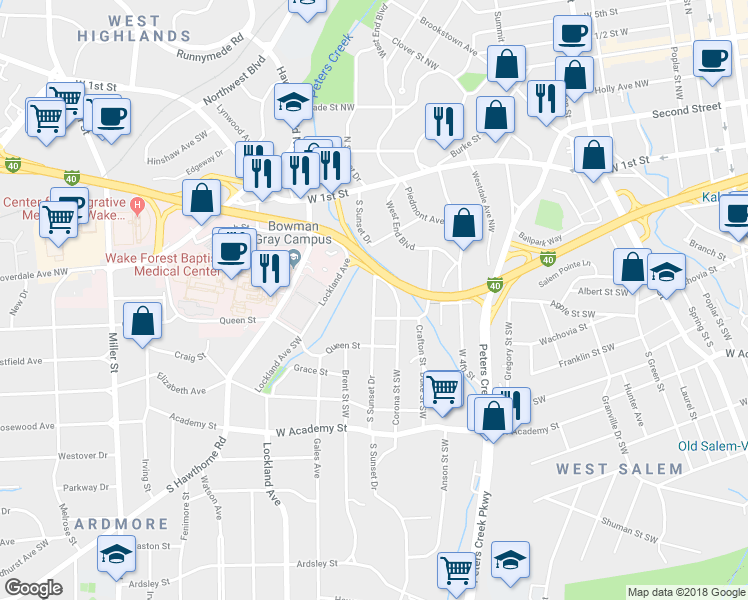 map of restaurants, bars, coffee shops, grocery stores, and more near 257 Sunset Drive South in Winston-Salem